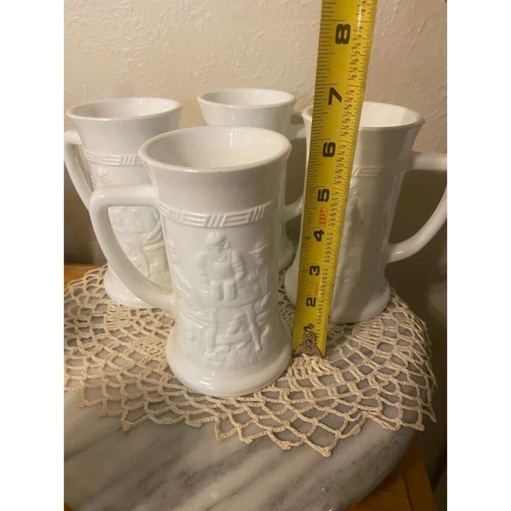 Set of 4 Vintage White Milk Glass Beer Steins – Embossed Tavern Scene Mugs (6")